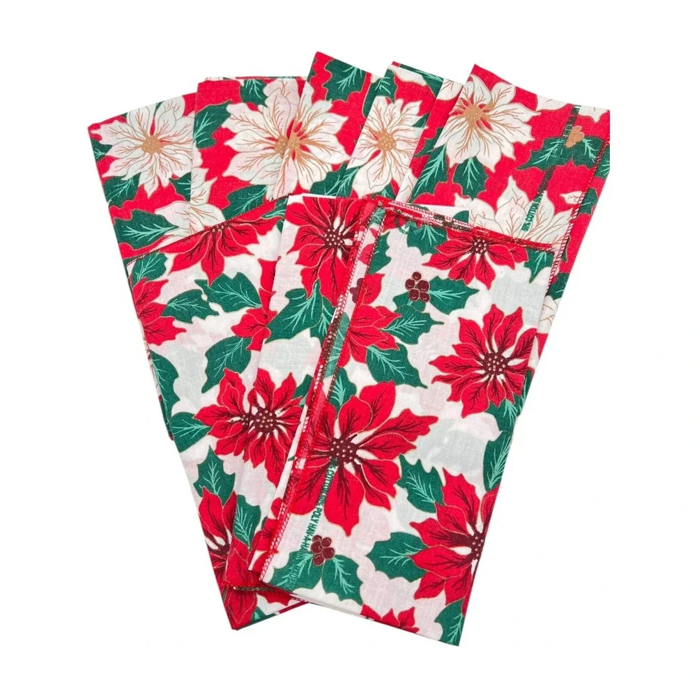 Vtg Set 8 Christmas Cloth Napkins Poinsettias Hav-a-Hank‎ Prop USA Mid Century